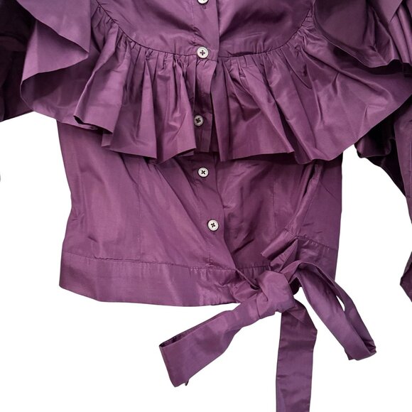 La Fuori Eggplant Silk Ruffle Puff Sleeve Waist Tie Button Blouse Small NEW - Picture 4 of 7
